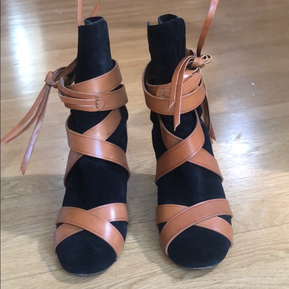 Isabel Marant Black Suede & Tan Leather Wrap Ankle Booties
